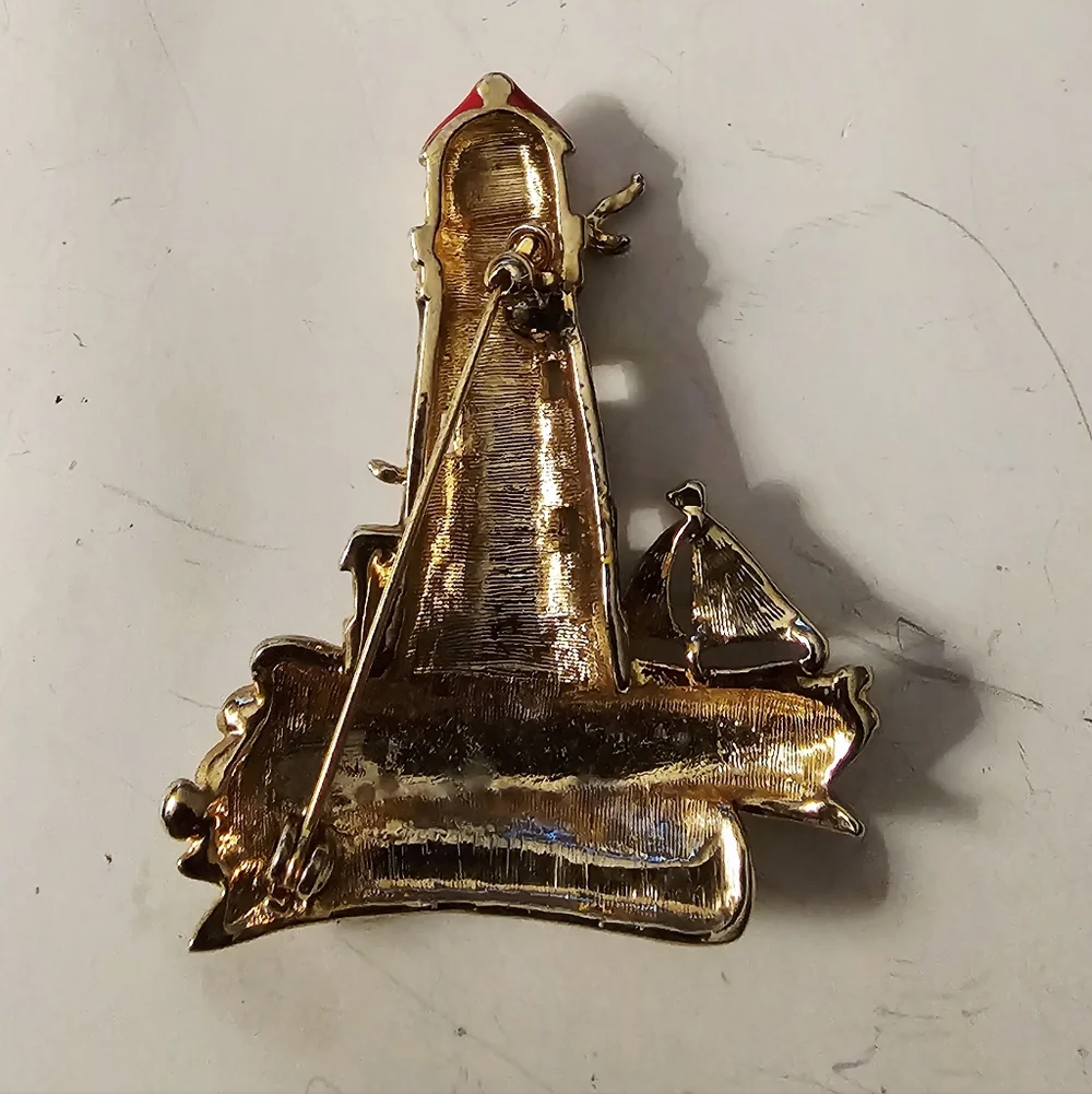 Lighthouse Scene With Water, Boat And Bird Red, Gold, Silver, Brown Brooch